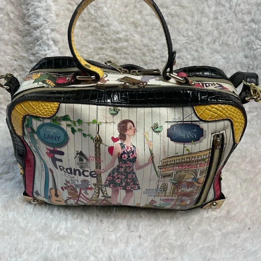 Kanu vintage multi color satchel/ shoulder bag gold tone and rhinestone accents
